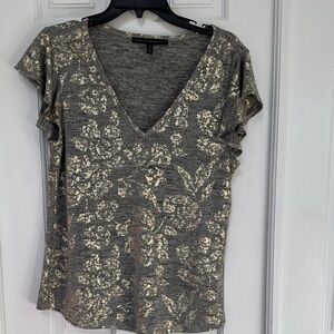 Chic Floral V-Neck Ruffle Sleeve Tee - Gray